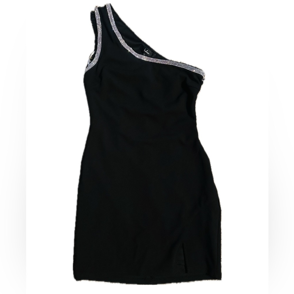 Lulu's Black One-Shoulder Dress with Silver Trim